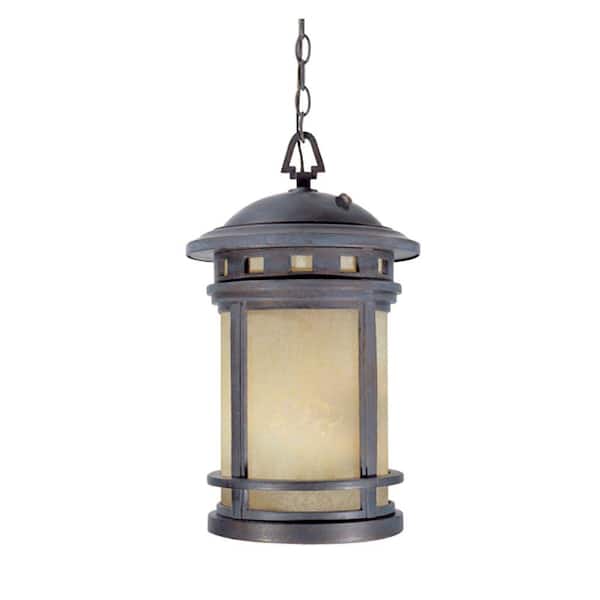 Designers Fountain Sedona 19 in. Mediterranean Patina 3-Light Outdoor Hanging Lamp with Amber Glass Shade