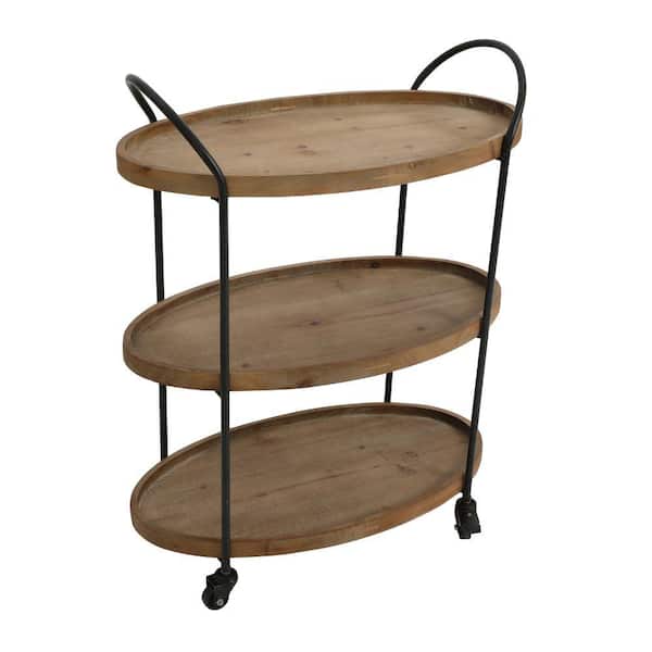 THE URBAN PORT 23 in. Brown Wood Bar Cart with 3 Tier Storage Trays and Metal Frame