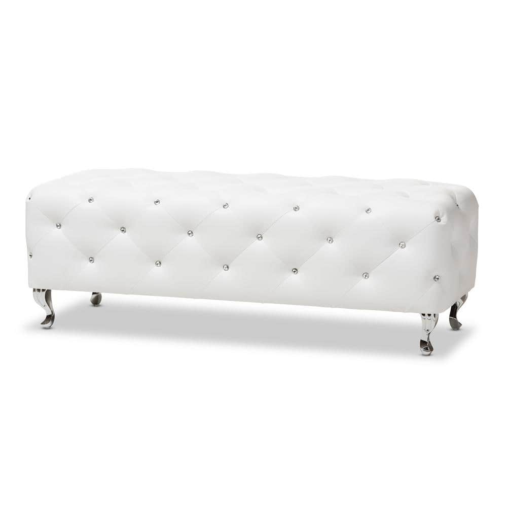 Stella Crystal-Tufted White Faux Leather Modern Bench