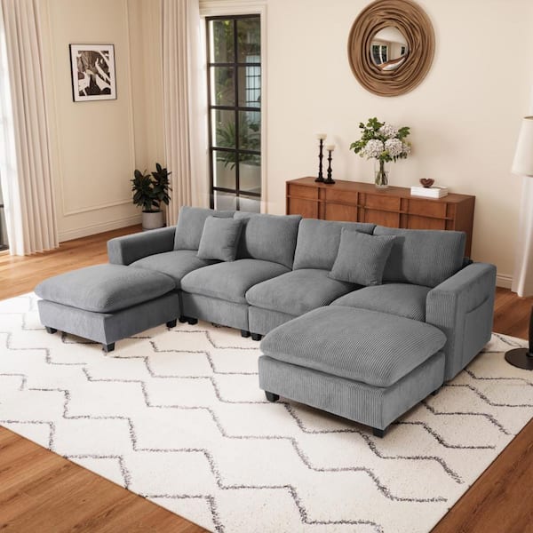 Hamilton 128 in. Square Arm 6-Piece Corduroy Modular Sectional Sofa Ottoman Set w/ USB Charge Port in. Gray