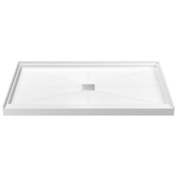 Durbase 60 in. L x 36 in. W SMC Single Threshold Alcove Shower Pan Base in White w/ Center Drain, Stainless Steel Cover