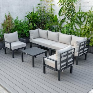Chelsea Black 7-Piece Aluminum Patio Sectional Seating Set with Coffee Table and Beige Cushions