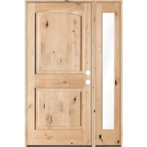 50 in. x 80 in. Rustic Knotty Alder Arch-Top Left-Hand Inswing Right Full Sidelite Unfinished Wood Prehung Front Door