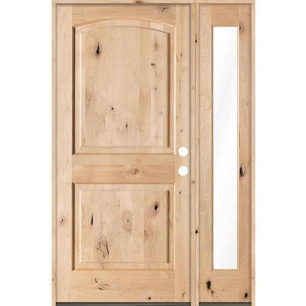 Krosswood Doors 56 in. x 80 in. Rustic Unfinished Knotty Alder Arch-Top Left-Hand Right Full Sidelite Clear Glass Prehung Front Door