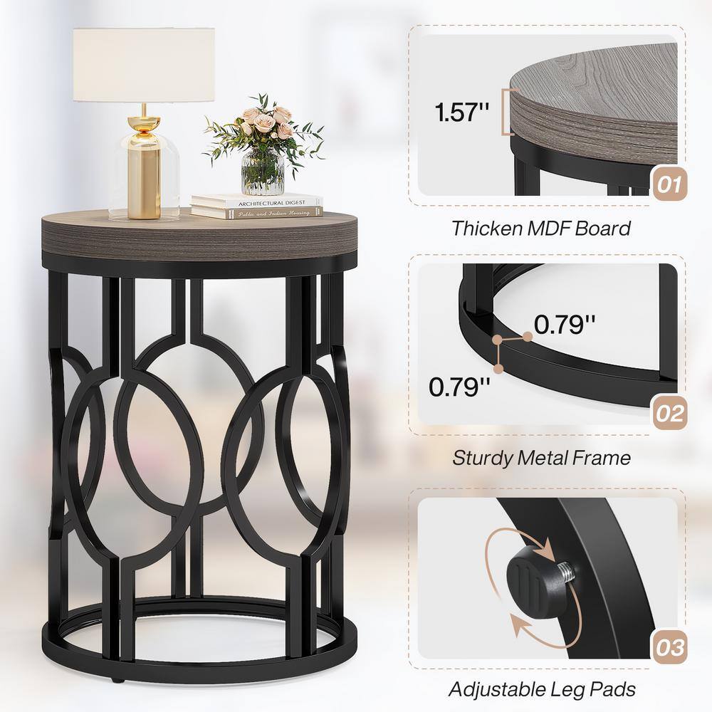 17.72 in. Rustic Brown Round Engineered Wood End Table, Side Table Nightstand with Metal Hollow Frame - thumbnail 5