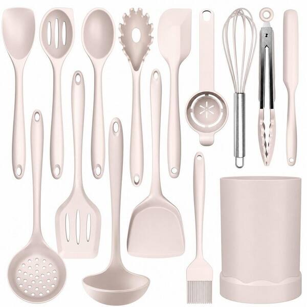 15-Piece Silicone Cooking Utensils Set with Turner, Tong, Spatula, Spoon, Brush, Whisk, 446°F Heat Resistant, Khaki