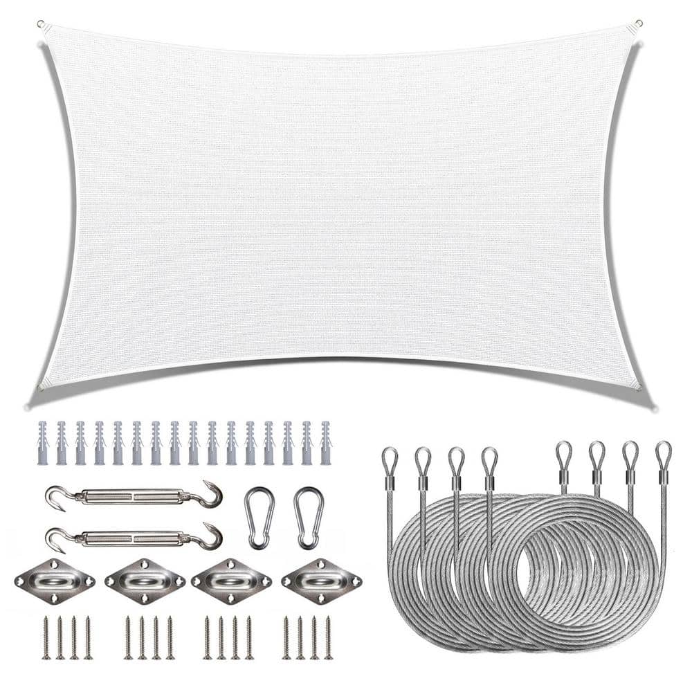 White HDPE Mesh Fabric Rectangle Sun Shade Sail with Hardware Kit