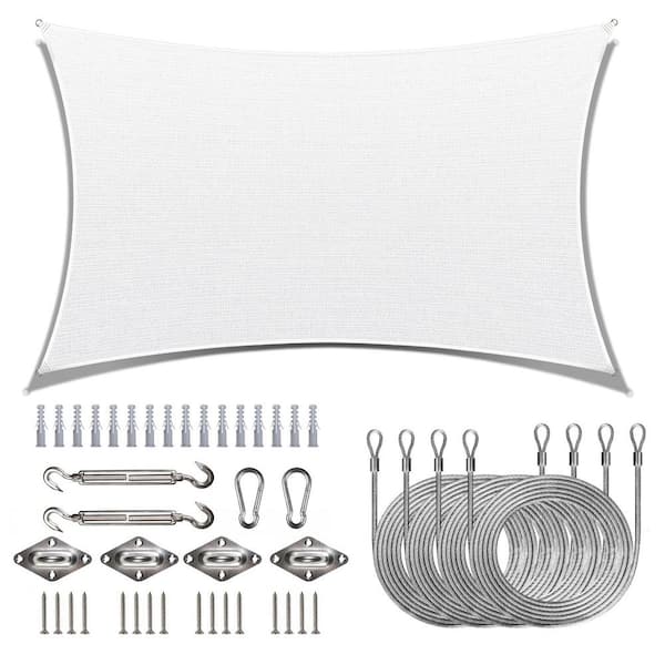 COLOURTREE 10 ft. x 13 ft. 190 GSM White Rectangle Sun Shade Sail with Rectangle Installation Kit Plus Cable Wire Ropes
