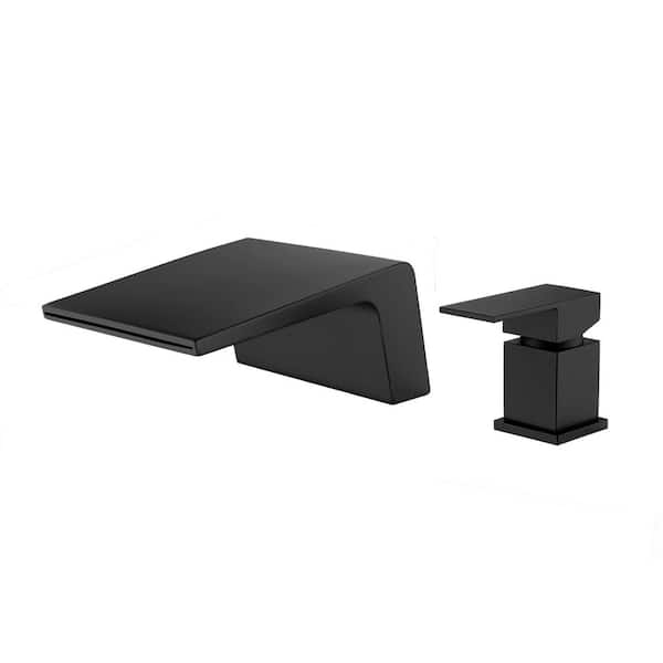 FLG Single-Handle Deck-Mount Roman Tub Faucet Waterfall 2 Holes Modern Brass Bath Tub Filler in Matte Black