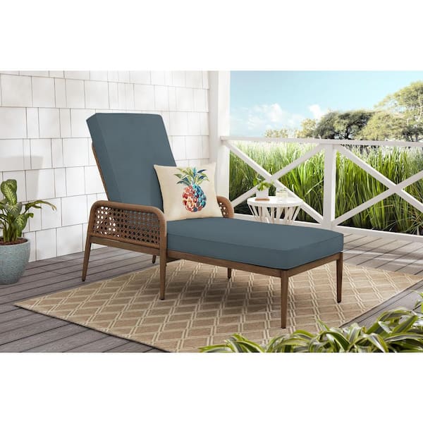 Hampton Bay Coral Vista Brown Wicker Outdoor Patio Chaise Lounge with Sunbrella Denim Blue Cushions