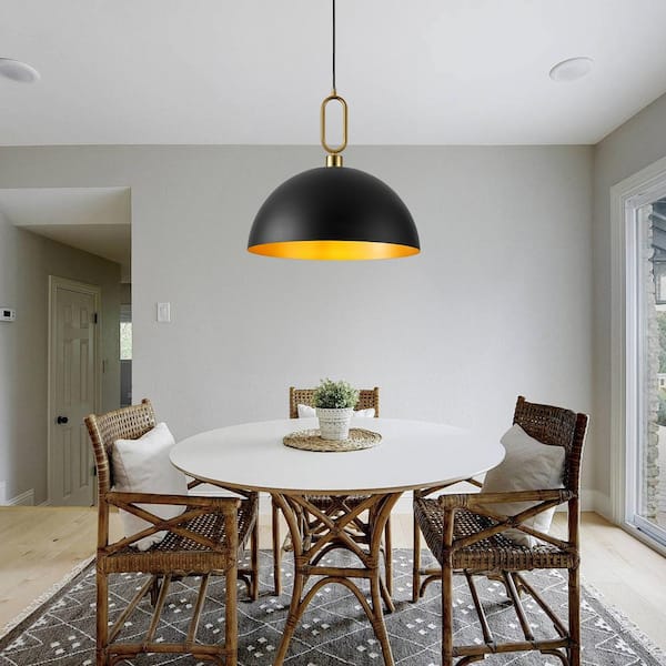 1-Light Black and Gold Dome Hanging Pendant Light Chandelier with Metal Cover for Kitchen Island