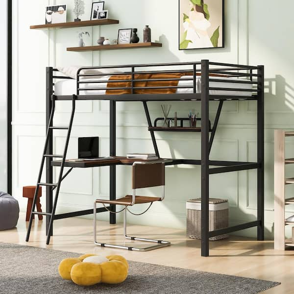 Qualler Aime Black Metal Loft Bed with L-Shaped Desk and Shelf ...