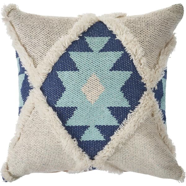 LR Home Winter Paradise Off White / Blue 20 in. x 20 in. Tufted Southwest Standard Throw Pillow