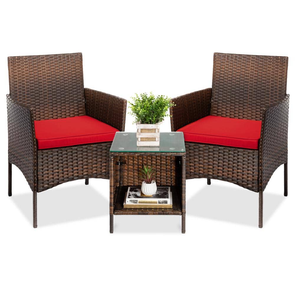 Best Choice Products Brown 3Piece Wicker Outdoor Bistro Set with Red