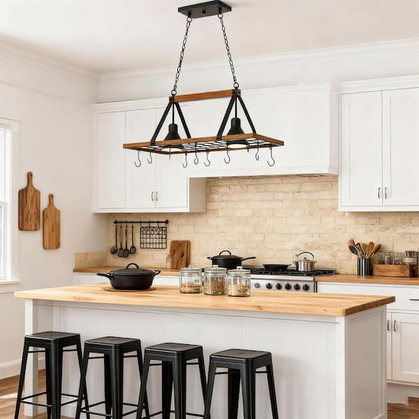 Avex 2-Light Wood and Black Pendant Light Kitchen Pot Rack Light with Cage Shade, No Bulbs Included