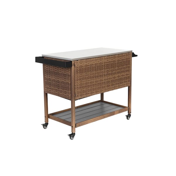 Unbranded Brown Outdoor Wicker Serving Cart, Patio Bar Cart with Wheels and Glass Top for Porch, Garden, Poolside, Party