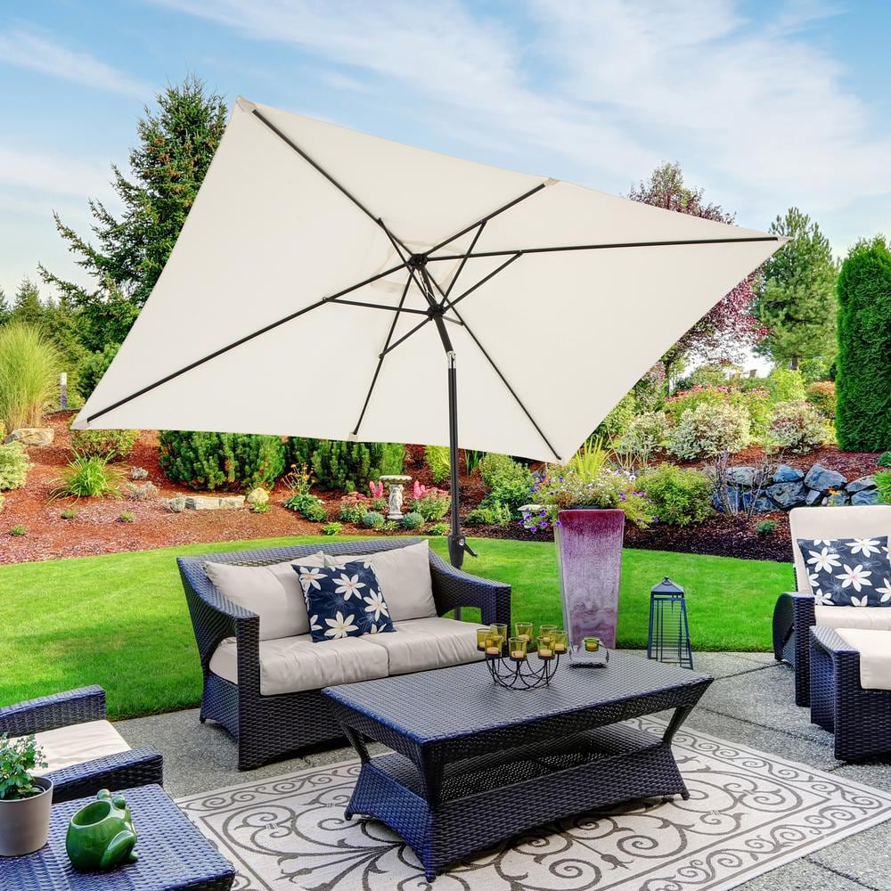 Beige Rectangular Steel Frame Patio Umbrella with Crank and Tilt