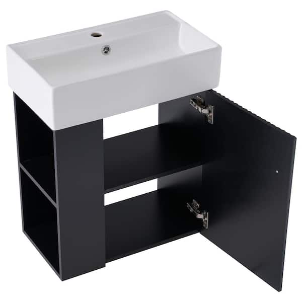 21.6 in. W x 12.2 in. D x 26.4 in. H Single Sink Floating Black Bath Vanity with White Ceramic Top and Left Side Storage