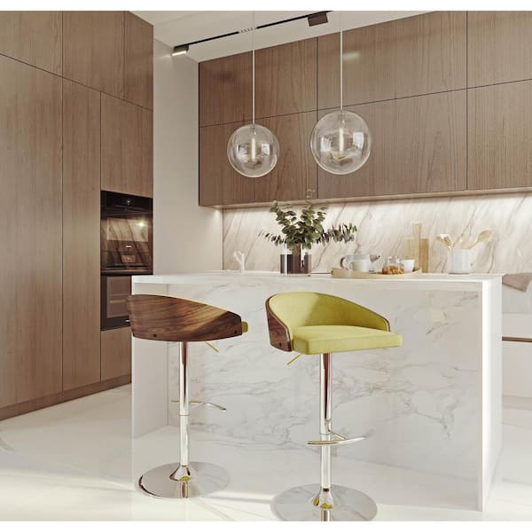 LumiSource Shiraz 32.5 in. Green Fabric, Chrome Metal, and Walnut Wood Adjustable Barstool (Set of 3)