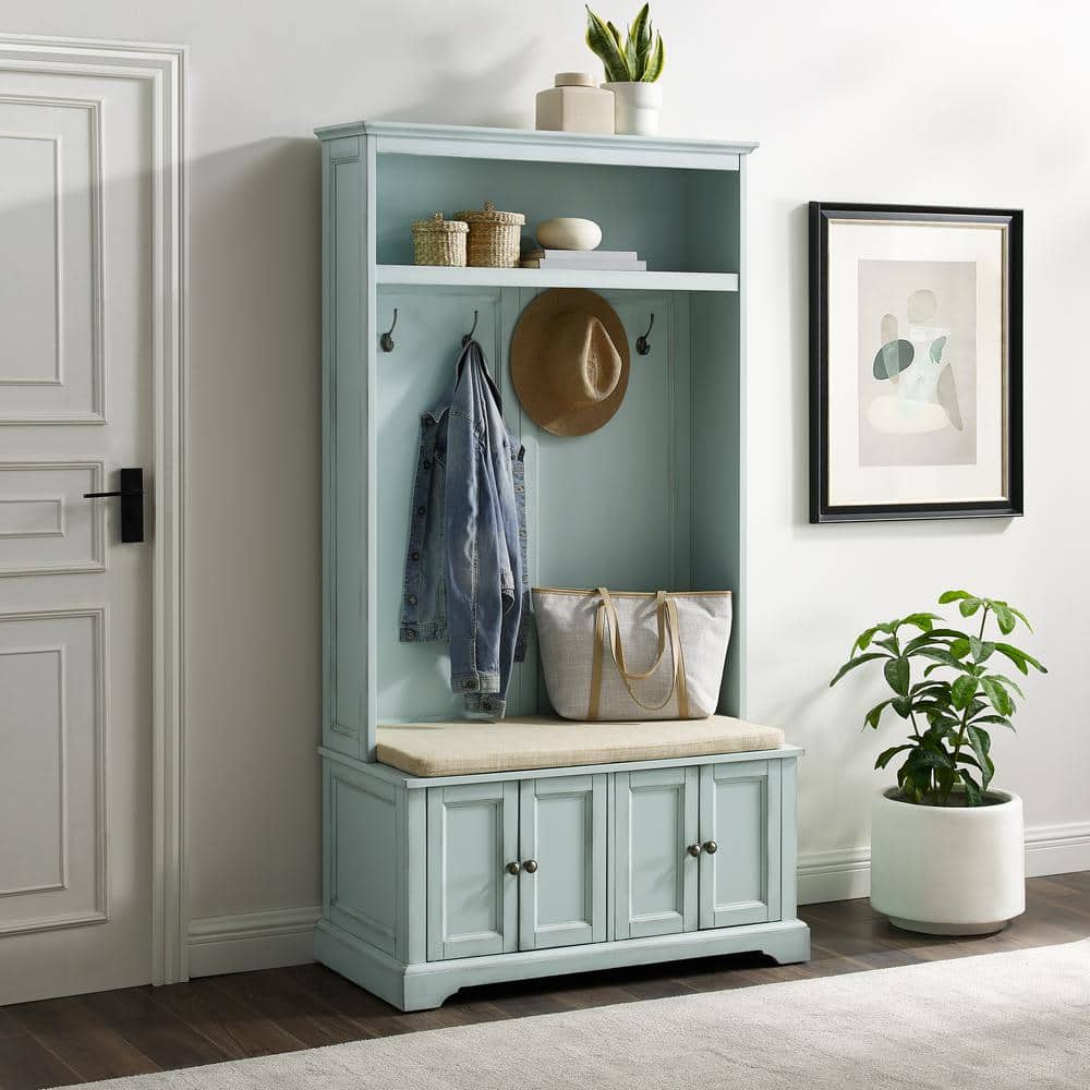 Holbrook Seafoam Blue Distressed Hall Tree with Storage Bench