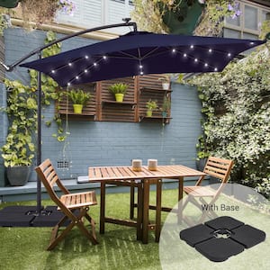8.2 ft. x 8.2 ft. Solar LED Lighted Square Patio Cantilever Umbrella With a Base in Navy Blue