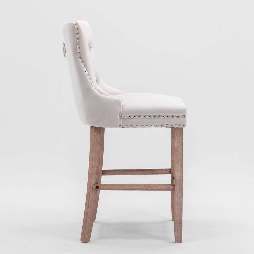 Beige Velvet Upholstered Bar Stools with Natural Wood Legs, Set of 2