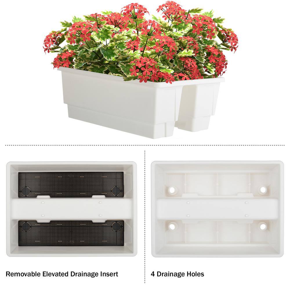 White Plastic Rectangular Railing Planter Box with Drainage Insert