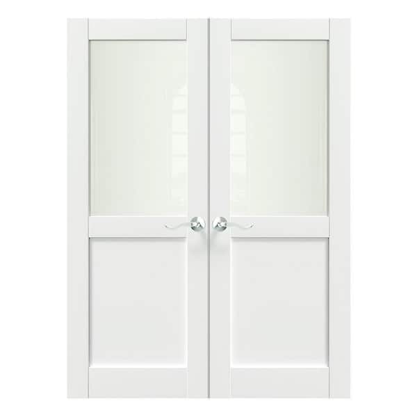 60 in. x 80 in. MDF Composite, Primed, White, 1/2 Lite, Frosted Glass Interior Door Slab with Silver Curved Doorknob