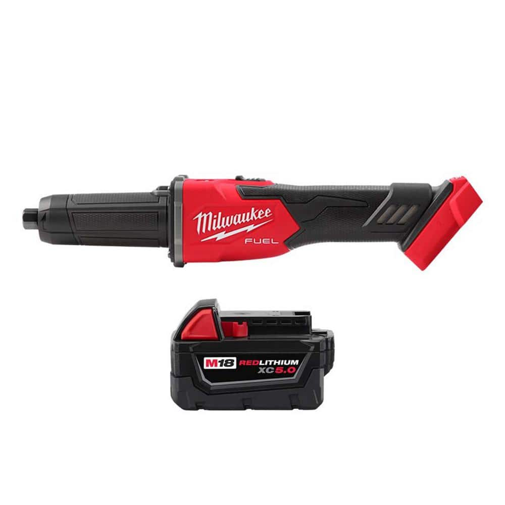 M18 FUEL 18V Lithium-Ion Brushless Cordless 1/4 in. Braking Die Grinder Slide Switch w/5.0Ah Battery -  Milwaukee, 2939-20-1850