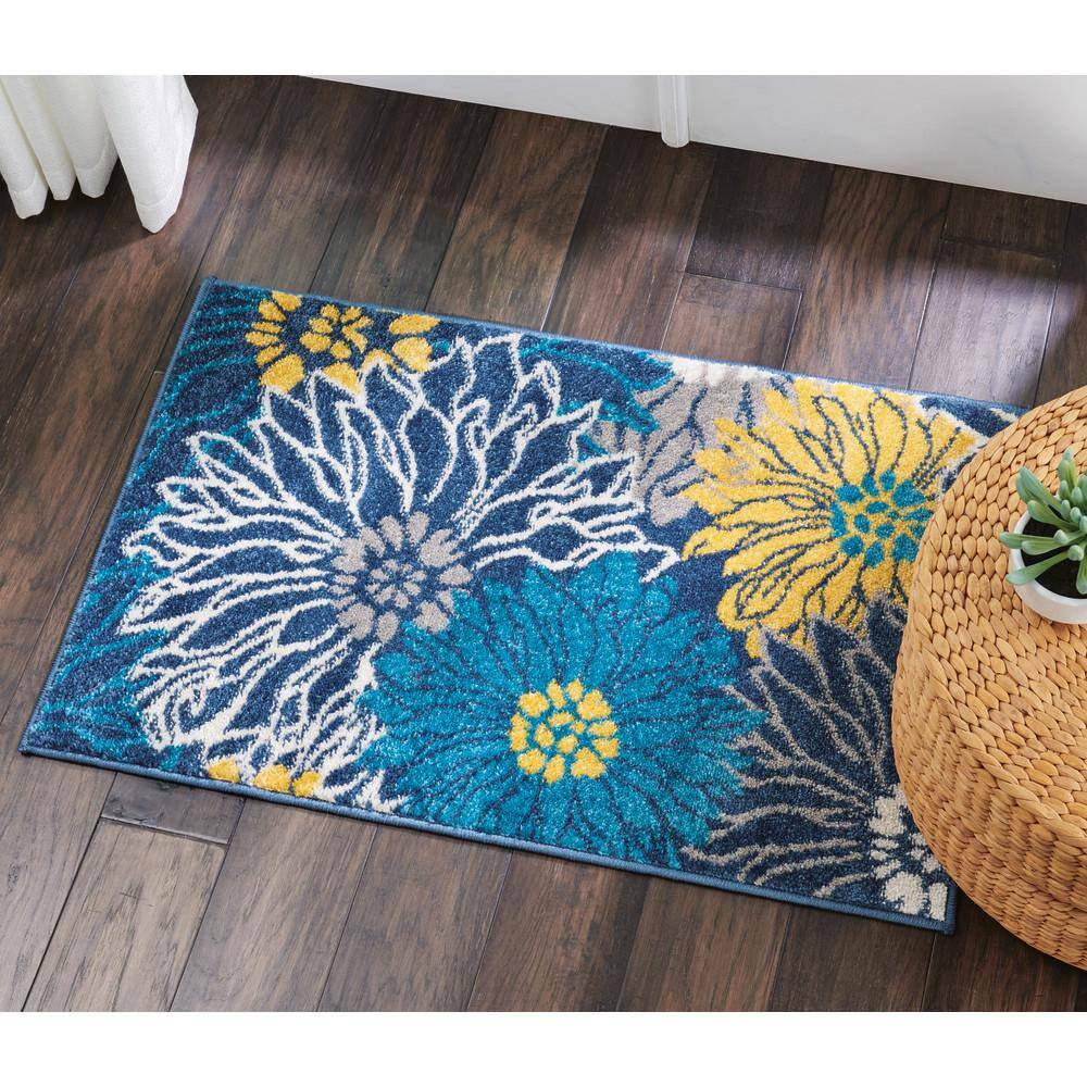 Blue and Yellow Floral Synthetic Easy Care Area Rug