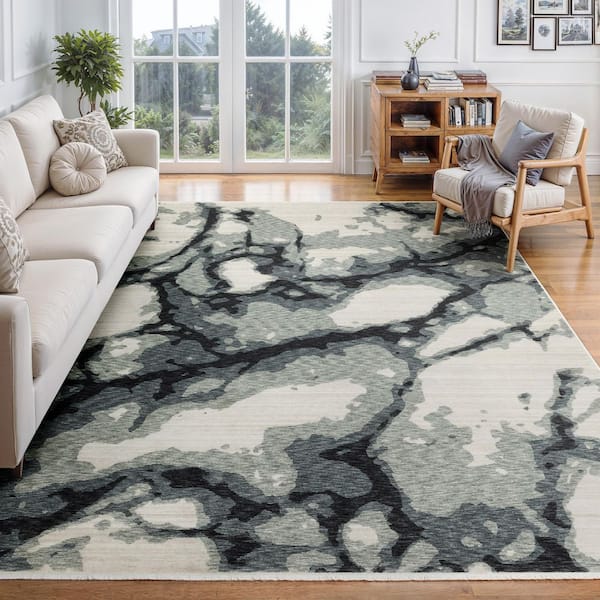 Eclipse Blue/Ivory 8 ft. x 11 ft. Modern Stone Abstract Polyester Fringe-Edge Indoor Area Rug
