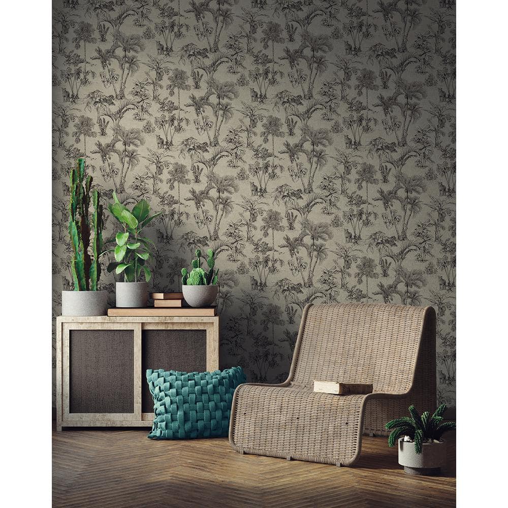 Black and Brown Non-Woven Tropical Jungle Wallpaper Roll