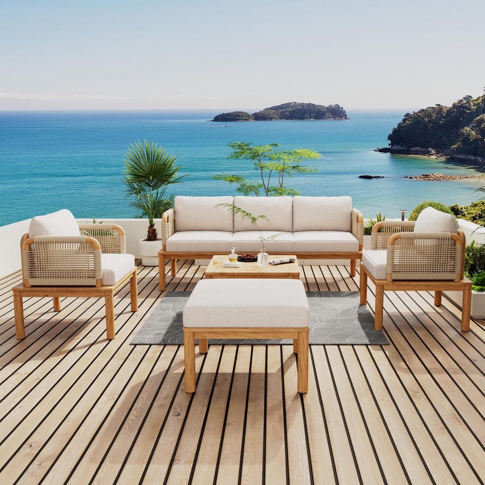 5-Piece Acacia Wood and Rope Patio Conversation Set, Patio Sofa