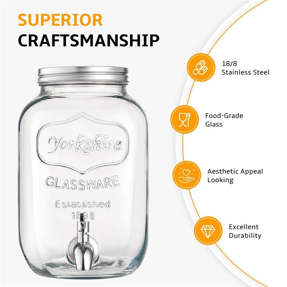 2 Gallon Clear Glass Beverage Dispenser with Stainless Steel Spigot and Stand