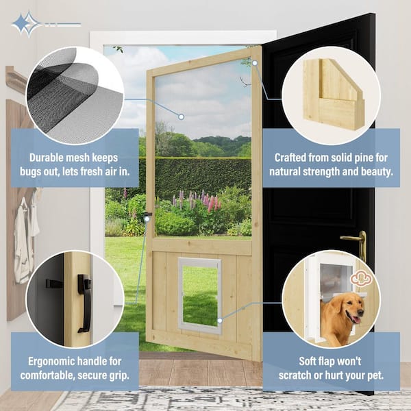 32 in. x 80 in. Universal Unfinished Pine Gauze Mesh Screen Door with Pet Access and Lock-Hinged Rustic Style