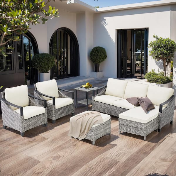 Buenaola Nyajiah 6-Piece Wicker Patio Conversation Set with Beige Cushions