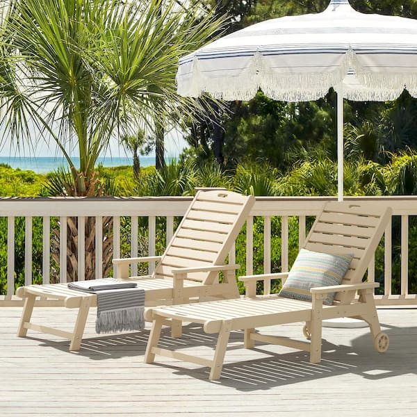 LUE BONA Hampton Sand Patio Plastic Outdoor Chaise Lounge Chair with Adjustable Backrest Pool Lounge Chair and Wheels Set of 2