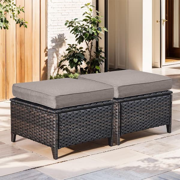 WellCane 2-Piece Brown Wicker Outdoor Ottoman Patio Footstool Multipurpose Outdoor Furniture Bench with Gray Cushion