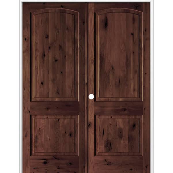 72 in. x 96 in. Rustic 2-Panel Arch Top Right Active Red Mahogany Stain Knotty Alder Wood Double Prehung Interior Door
