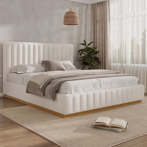 Beige Wood Frame King Size Linen Upholstered Platform Bed with Tufted Thicken Headboard and Solid Rubberwood Base