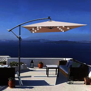10 ft. x 6.5 ft. Steel Cantilever Solar Patio Umbrella in Mushroom Offset Umbrella with 26 LED Lights and Cross Base