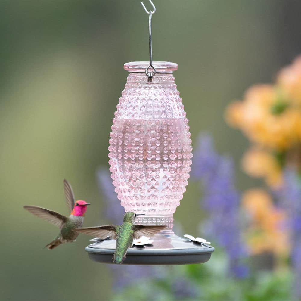 Cranberry Hobnail Glass and Metal Hummingbird Feeder