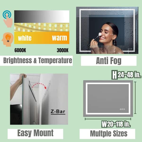 118 in. W x 48 in. H Rectangular Frameless LED Light Anti-Fog Bathroom Wall Mirror with Backlit and Front Light