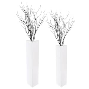 White Tall Rectangular Wooden Modern Floor Vase (Set of 2)