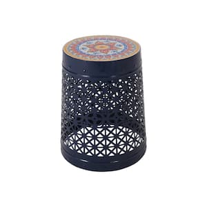 18.5 in. Outdoor Classic Oriental Dark Blue Round Metal Side Table