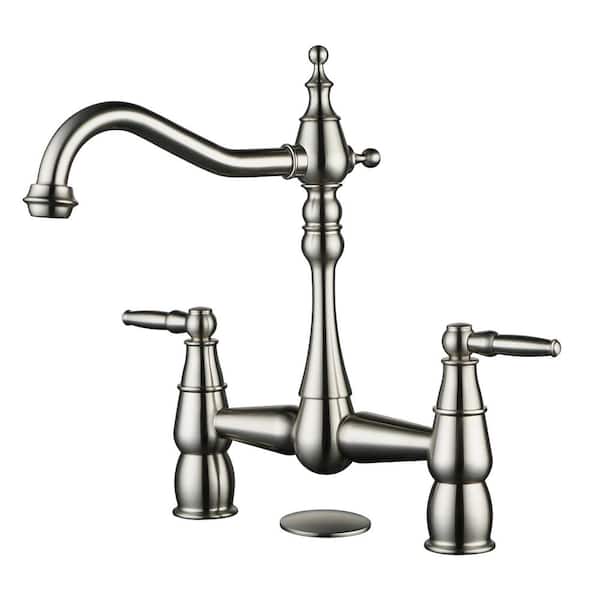 Double-Handle Bridge Kitchen Faucet Deck-Mount, 2 Hole Brass Kitchen Sink Faucet in Brushed Nickel