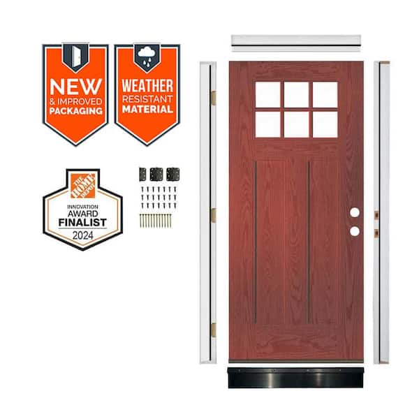 DIY 36in.x79in. Craftsman 6-Lite Clear Glass Left-Hand Redwood Stain Fiberglass Front Door Kit w/ Quick Assemble Jamb