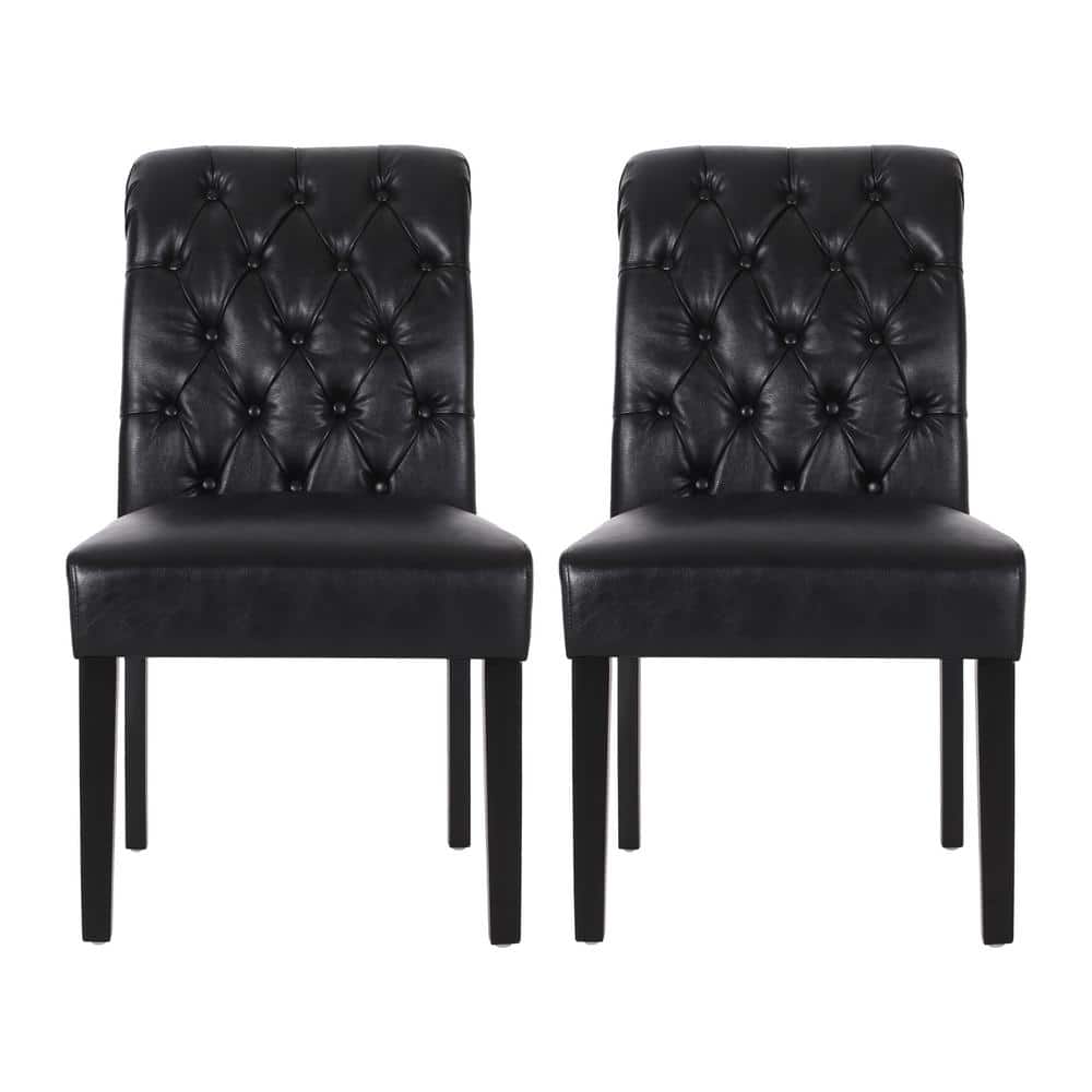 Midnight Black Faux Leather Tufted Dining Side Chairs, Set of 2