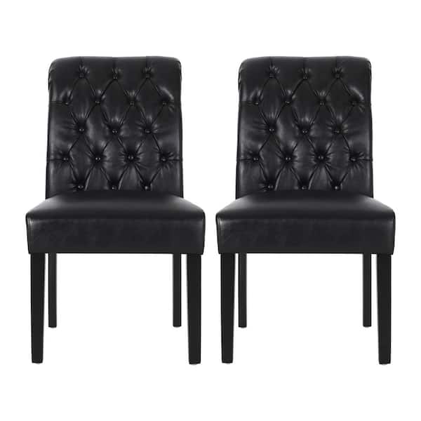 Noble House Cullon Midnight Black Tufted Rolltop Faux Leather Dining Chair (Set of 2)