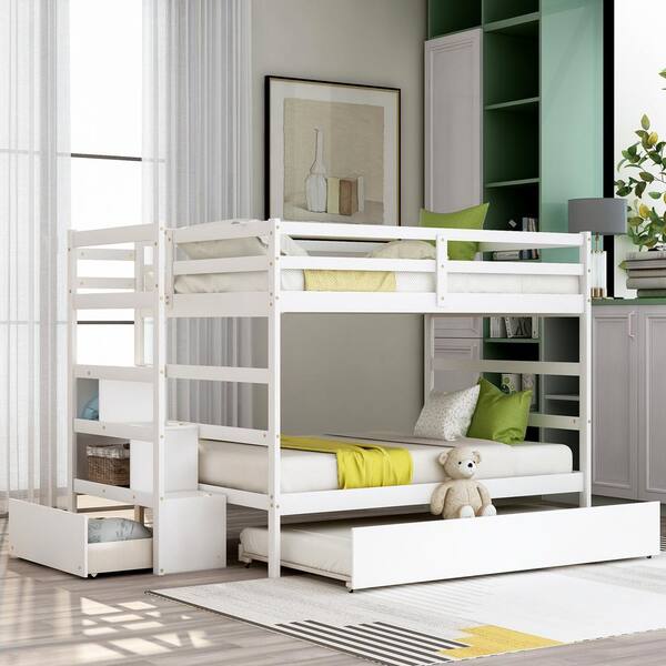 ANBAZAR Full Over Full White Wood Bunk Bed with Trundle